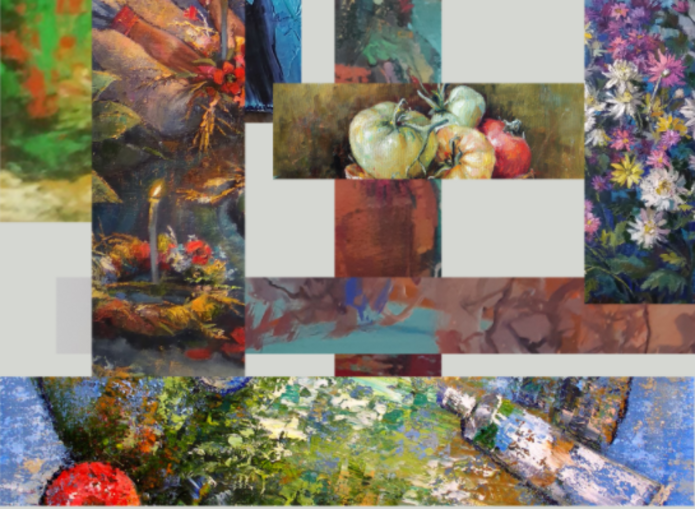 fragment plakatu przedstawiający fragmenty obrazów z wystawy.