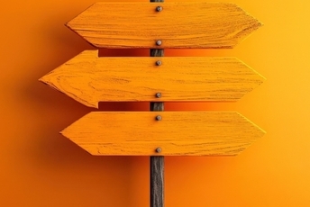 a decorative element: large, orange, wooden signposts